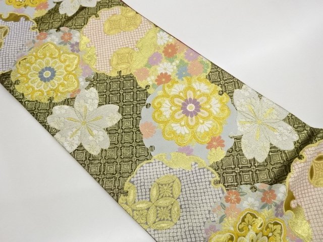 JAPANESE KIMONO / FUKURO OBI / WOVEN ROUNDEL FLOWER CREST 
